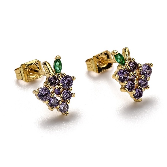 18K Gold Plated Brass Micro Pave Cubic Zirconia Grape Stud Earrings - Picture 1 of 2
